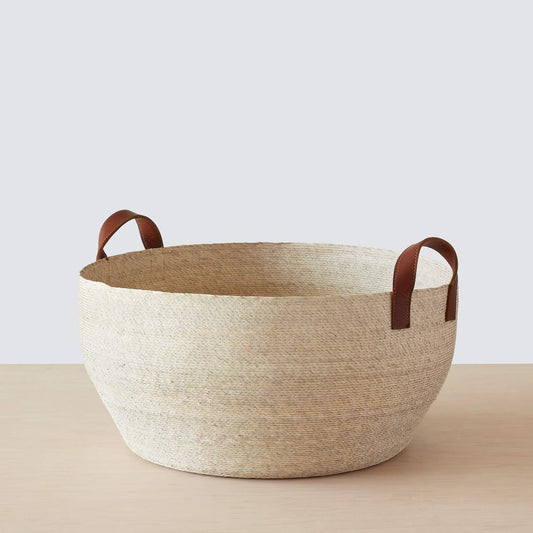 Blacklionmotorrow Mercado Floor Storage Baskets - Natural Palm with Leather Handles