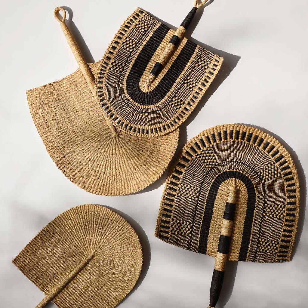 Blacklionmotorrow Handwoven Bolga Fan - Black & Natural Bohemian Decor