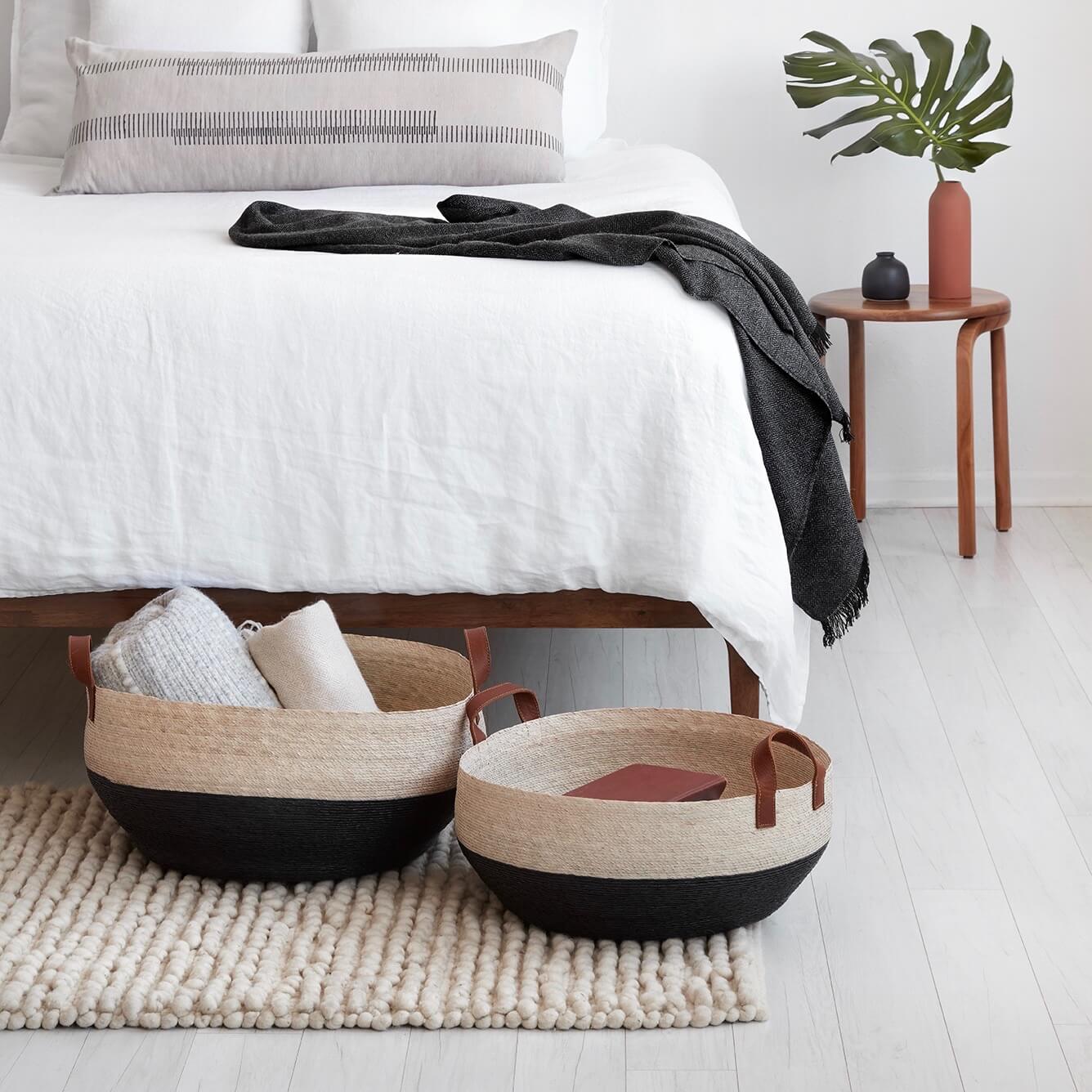 Blacklionmotorrow Mercado Floor Storage Baskets - Natural Palm with Leather Handles
