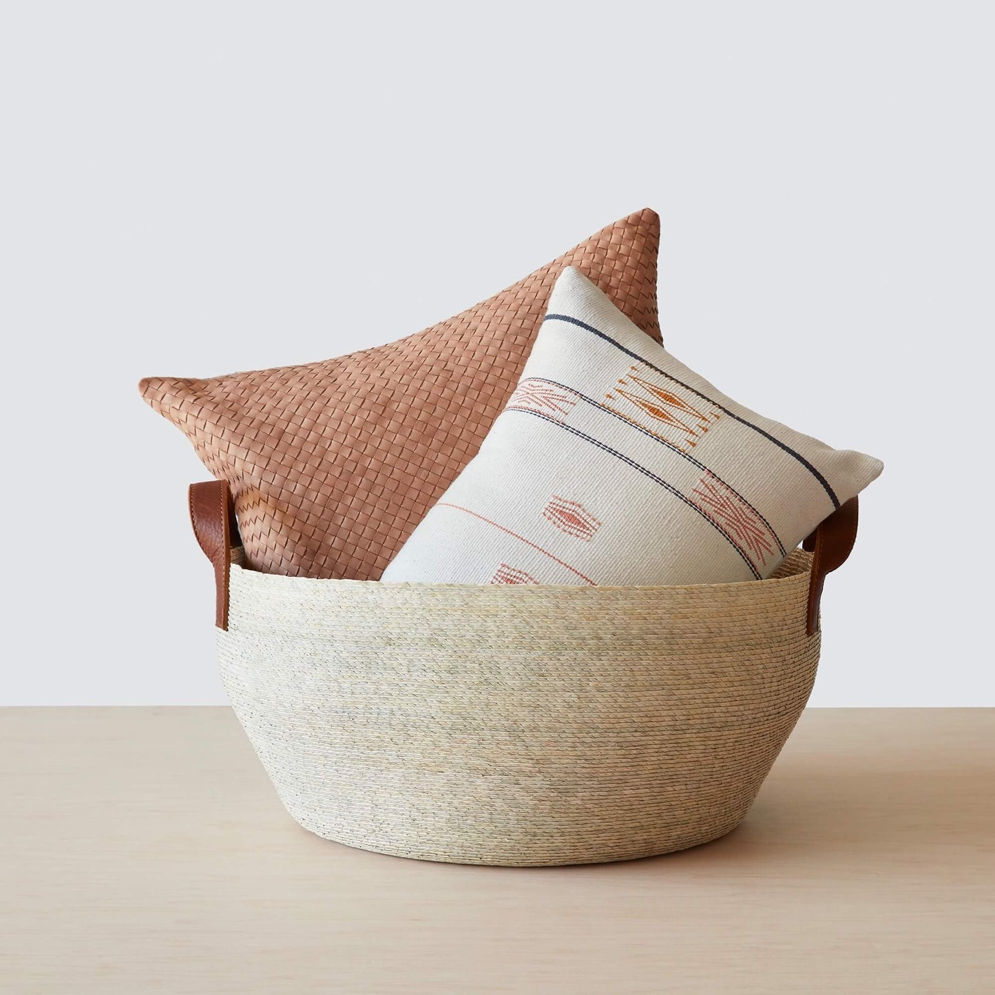 Blacklionmotorrow Mercado Floor Storage Baskets - Natural Palm with Leather Handles