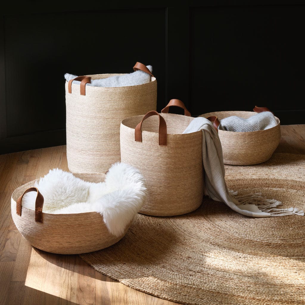 Blacklionmotorrow Mercado Floor Storage Baskets - Natural Palm with Leather Handles