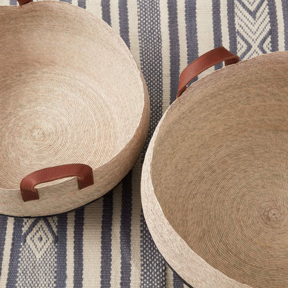 Blacklionmotorrow Mercado Floor Storage Baskets - Natural Palm with Leather Handles