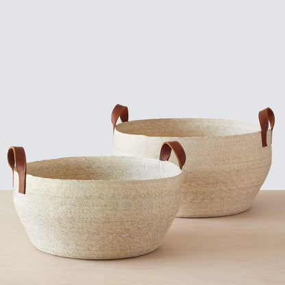 Blacklionmotorrow Mercado Floor Storage Baskets - Natural Palm with Leather Handles