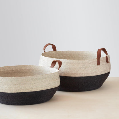 Blacklionmotorrow Mercado Floor Storage Baskets - Natural Palm with Leather Handles