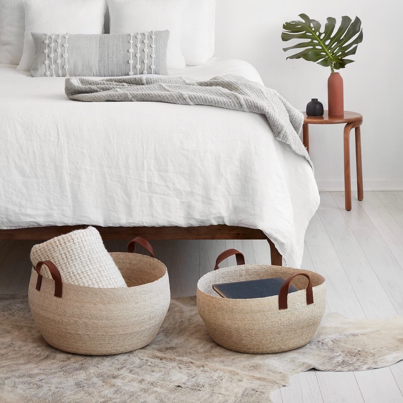 Blacklionmotorrow Mercado Floor Storage Baskets - Natural Palm with Leather Handles