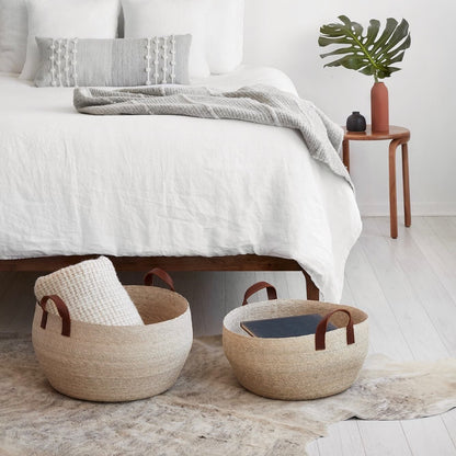 Blacklionmotorrow Mercado Floor Storage Baskets - Natural Palm with Leather Handles