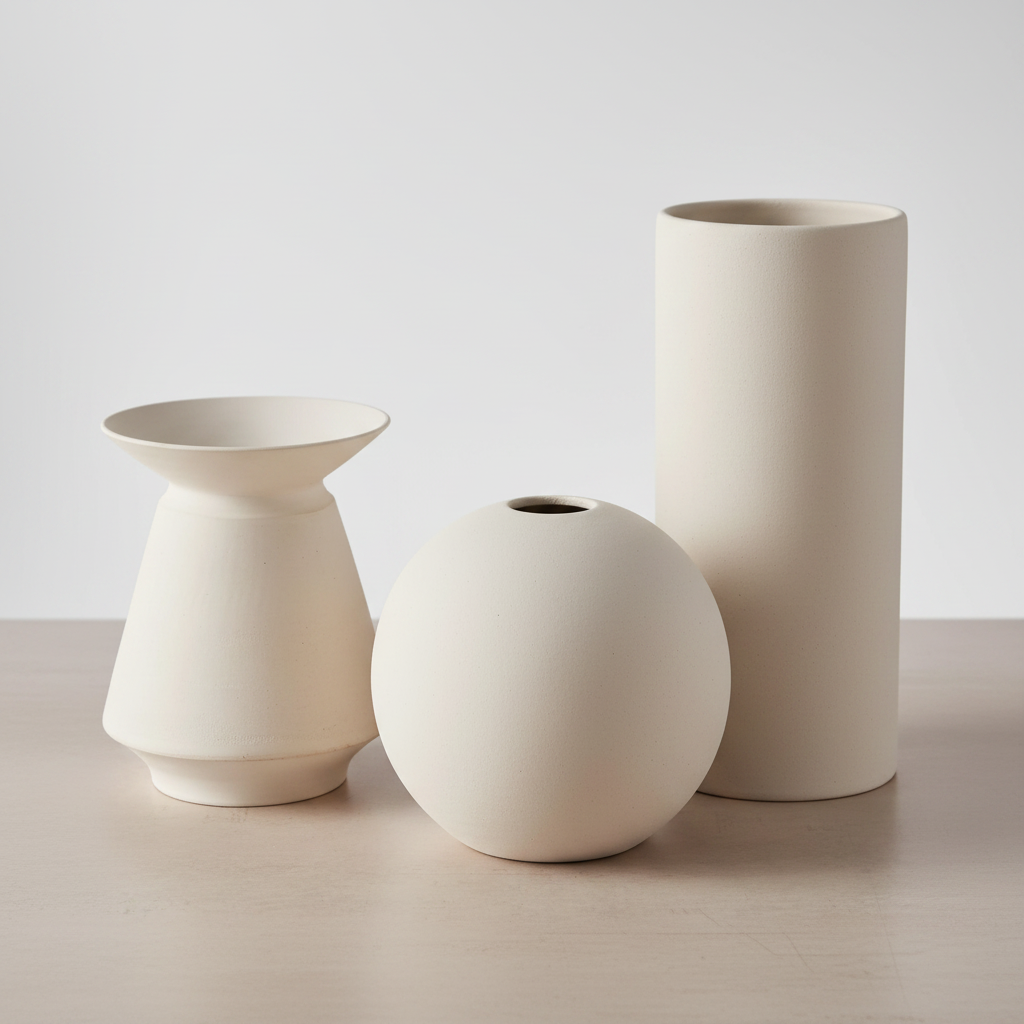 Alameda Vase Set - Textured Ceramic Trio, three vases grouped together showing Short, Round and Tall shapes